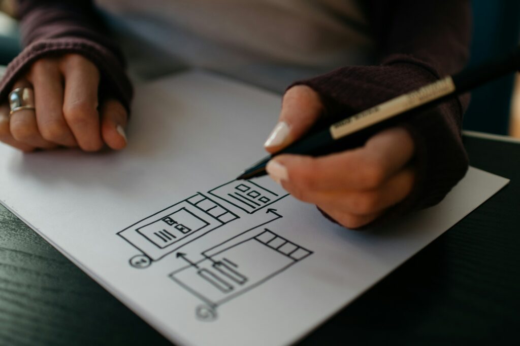 hands drawing a site map on a dry erase board.